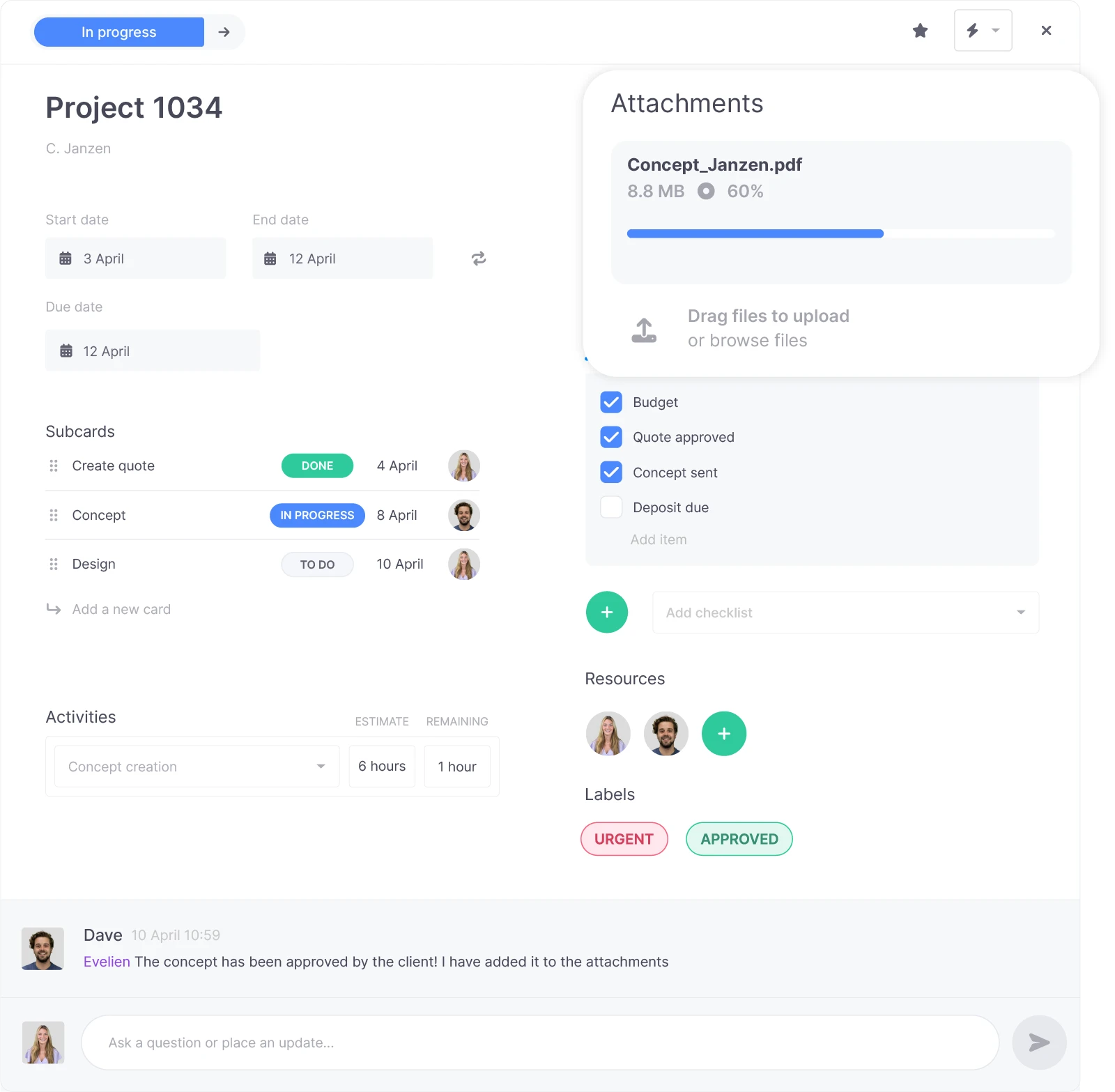 vPlan project 1034. Subtasks like quote and concept. File upload section and checklist with budget, approval, and concept.