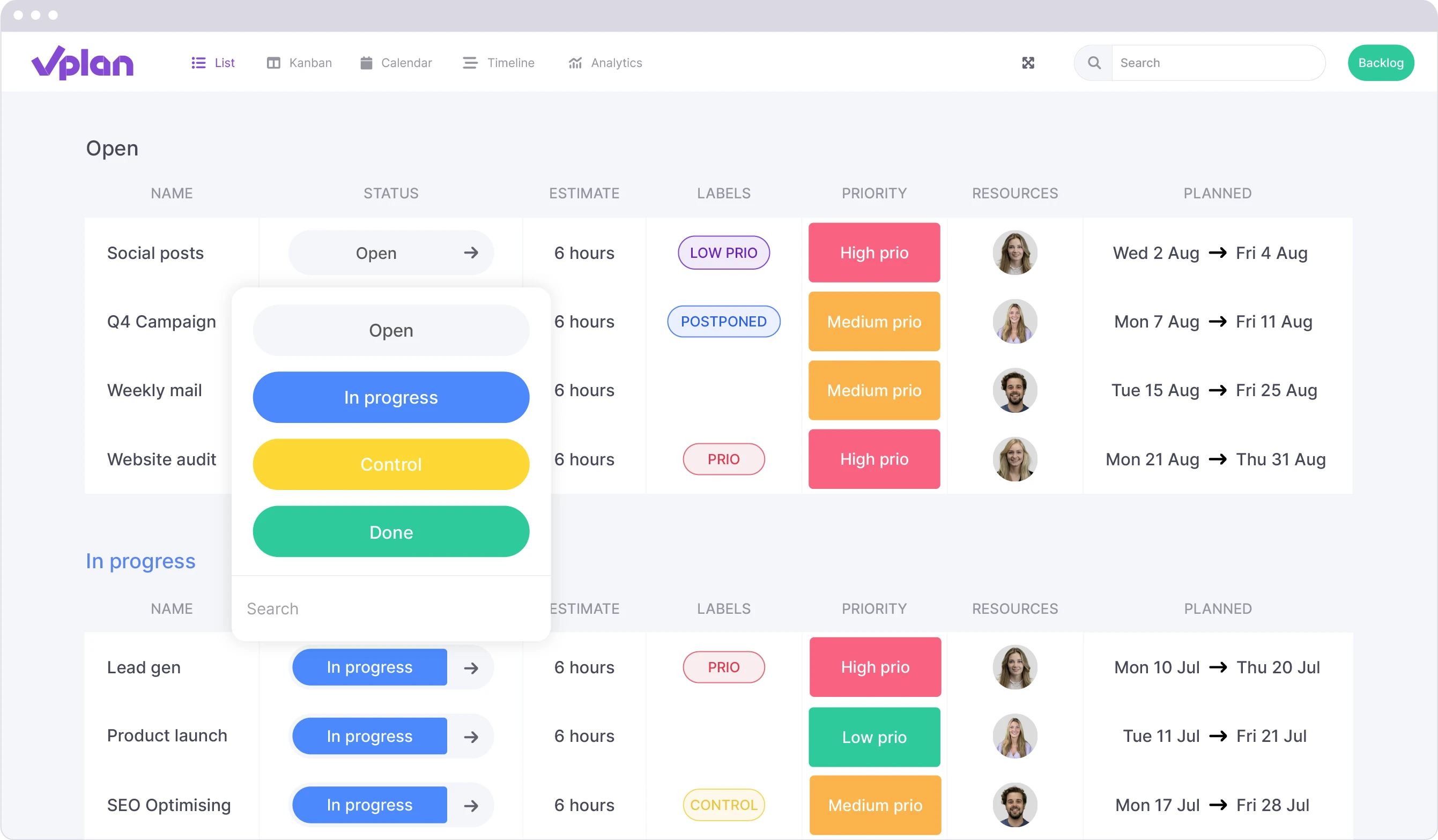 vPlan task overview with status changes (Open, In Progress) and priority labels (High, Medium).