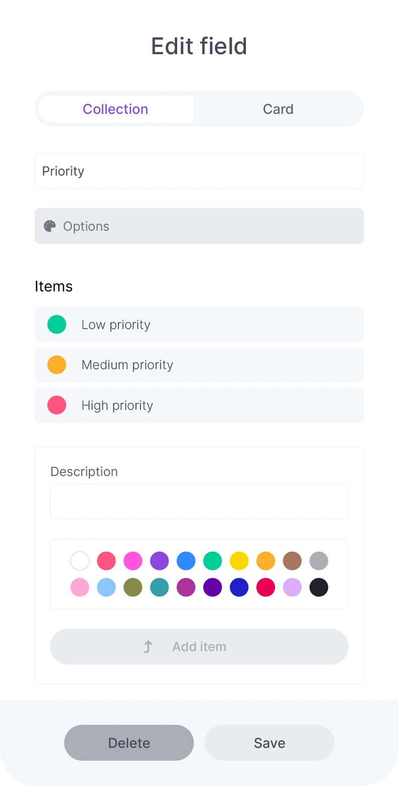 vPlan field modification for priority; low, medium, and high priority with color selection options.