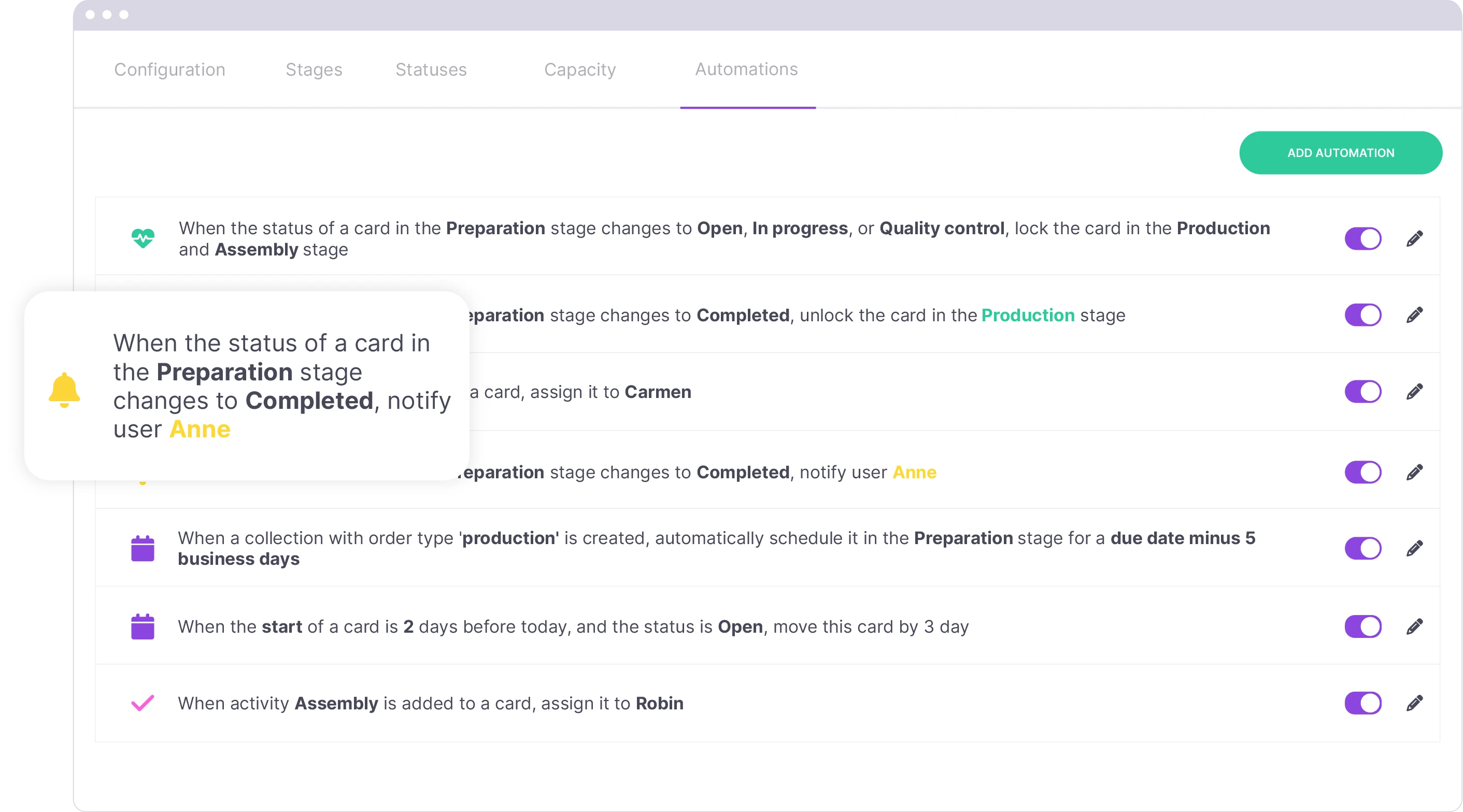 Automations in vPlan, such as assignment based on status change, priority label, and due date.