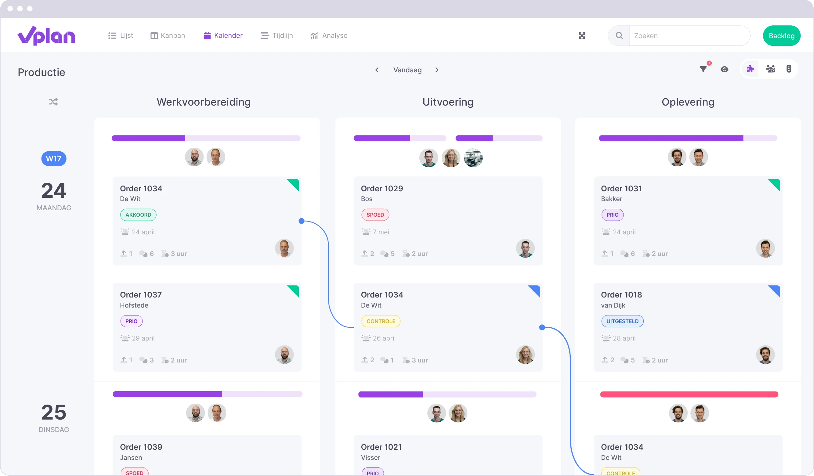 vPlan productie workflow, toont orderstatussen per fase zoals werkvoorbereiding, uitvoering en oplevering, met toegewezen teamleden en voortgangsindicatoren.