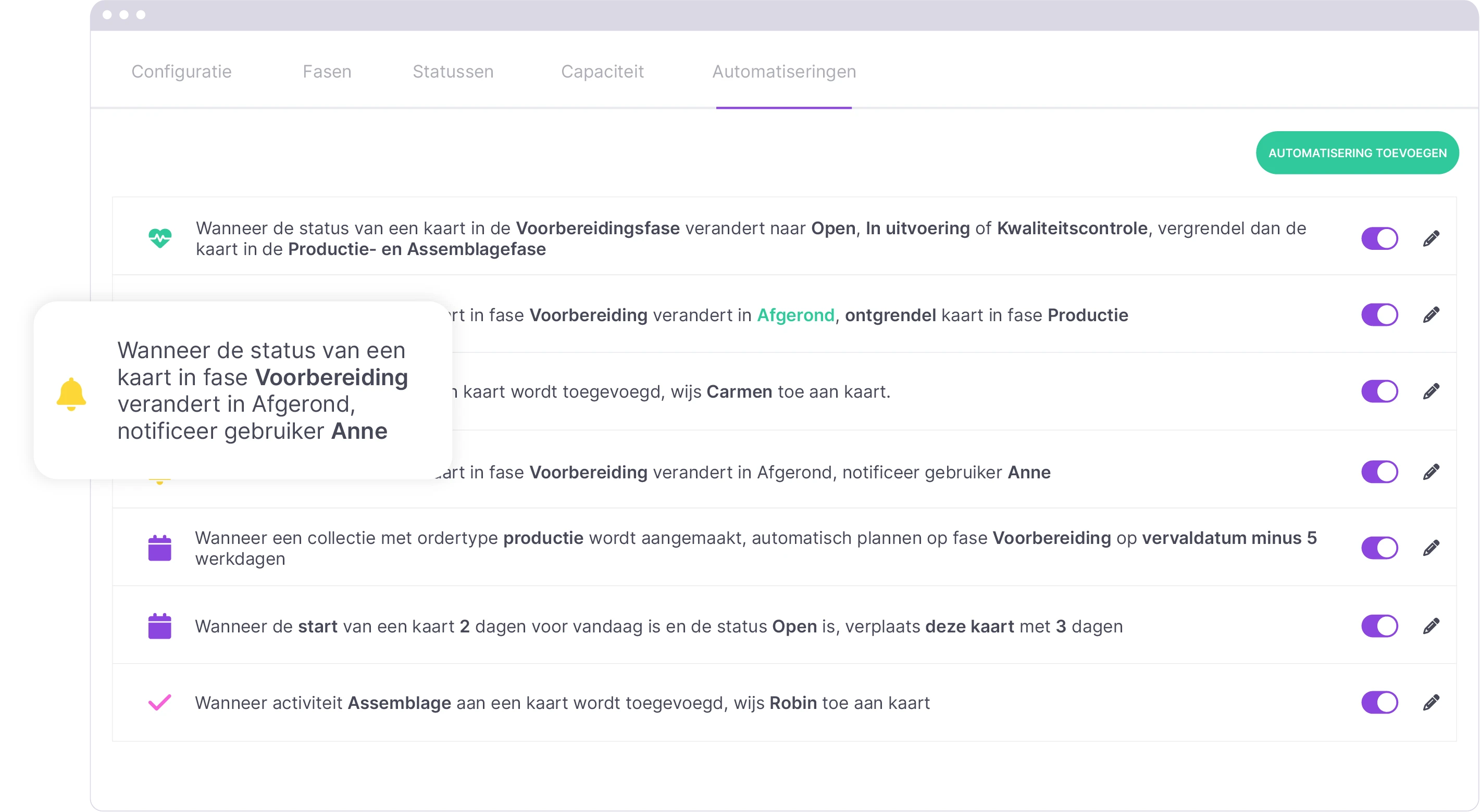 Automatiseringsinstellingen in vPlan, toont notificatieregels voor statuswijzigingen in projectstages zoals voorbereiding en productie.