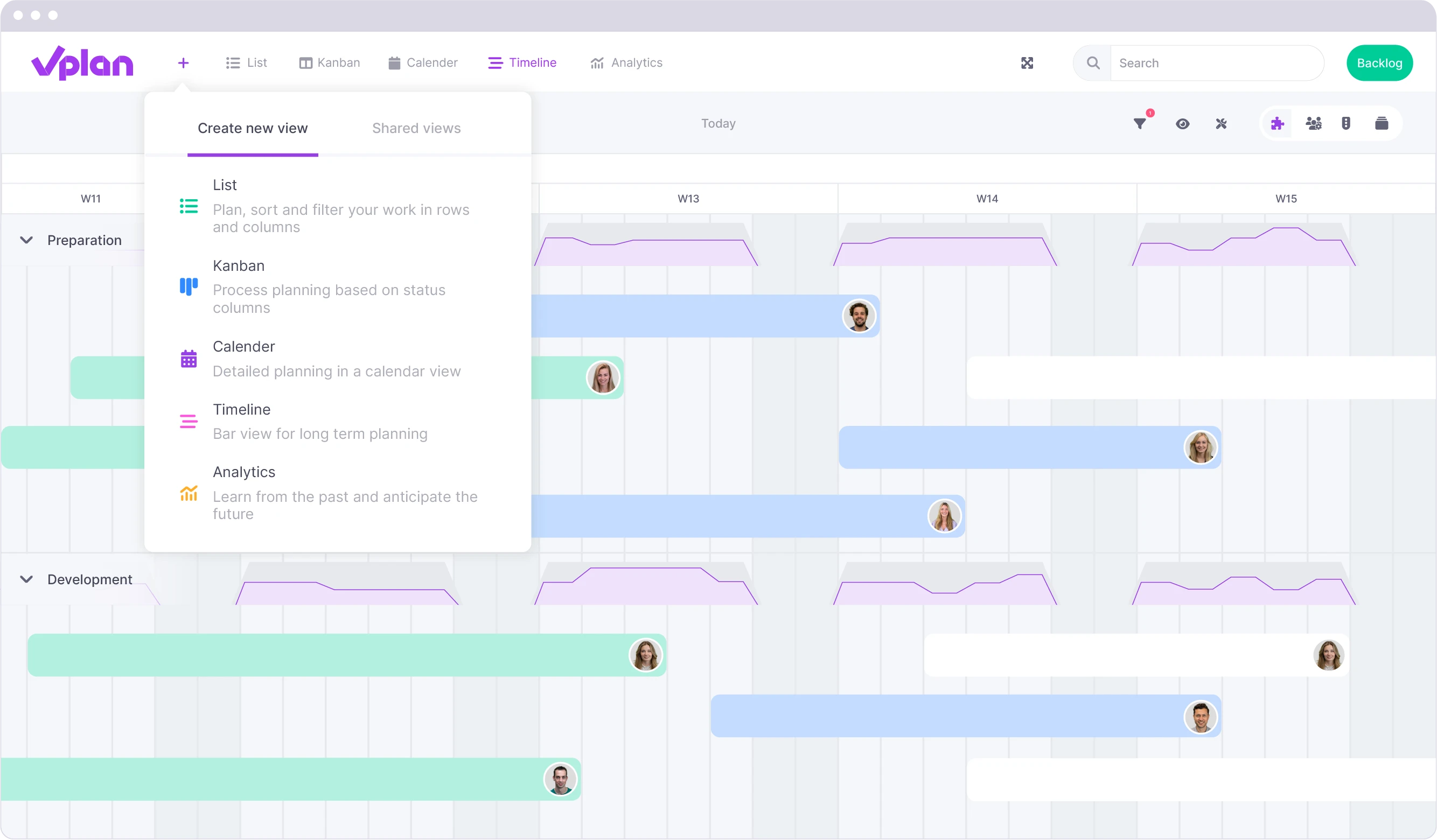 Dropdown menu in vPlan for view options including list, Kanban, calendar, timeline, and analysis.