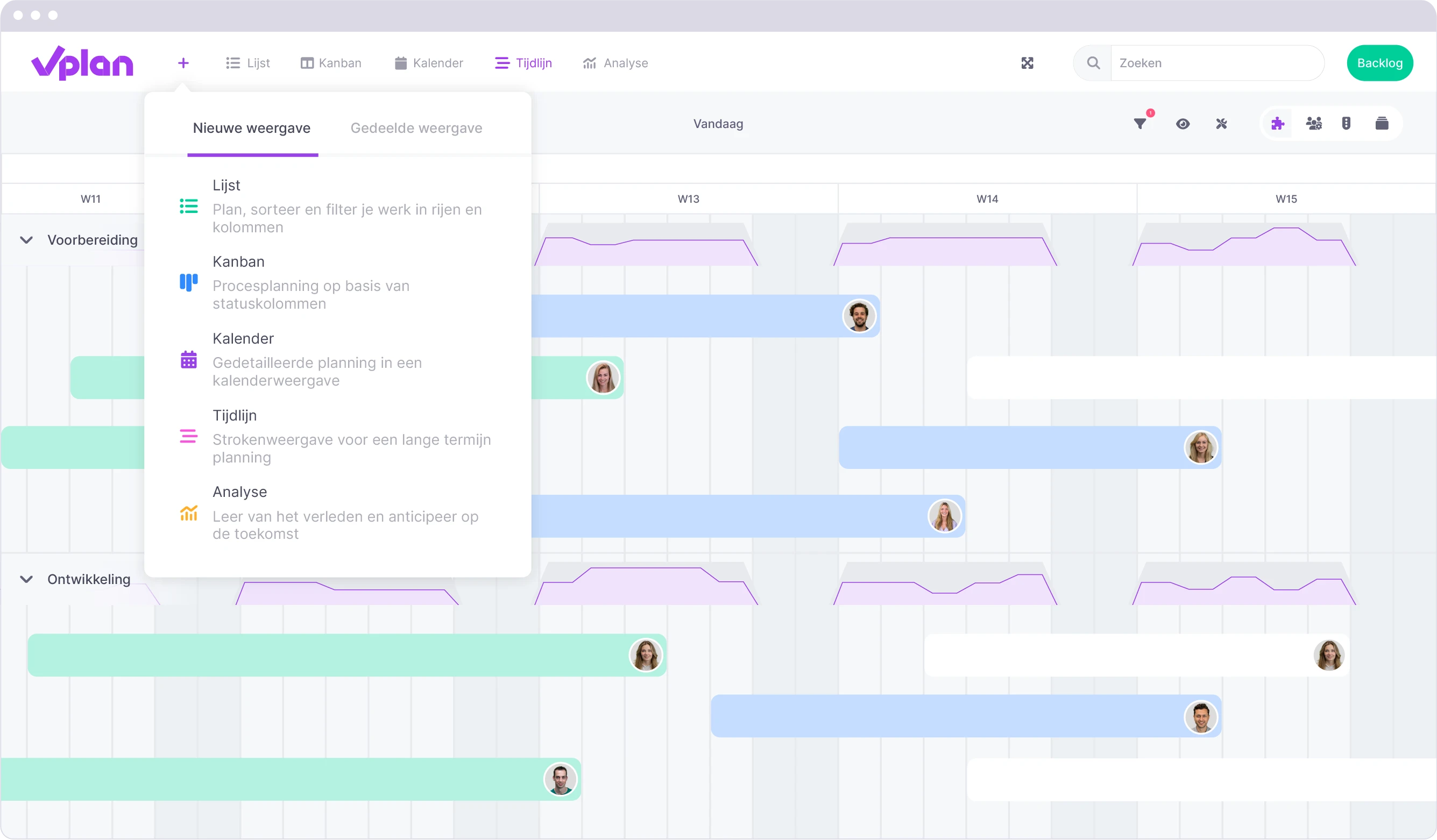 Dropdownmenu in vPlan voor weergaveopties zoals lijst, Kanban, kalender, tijdlijn en analyse.