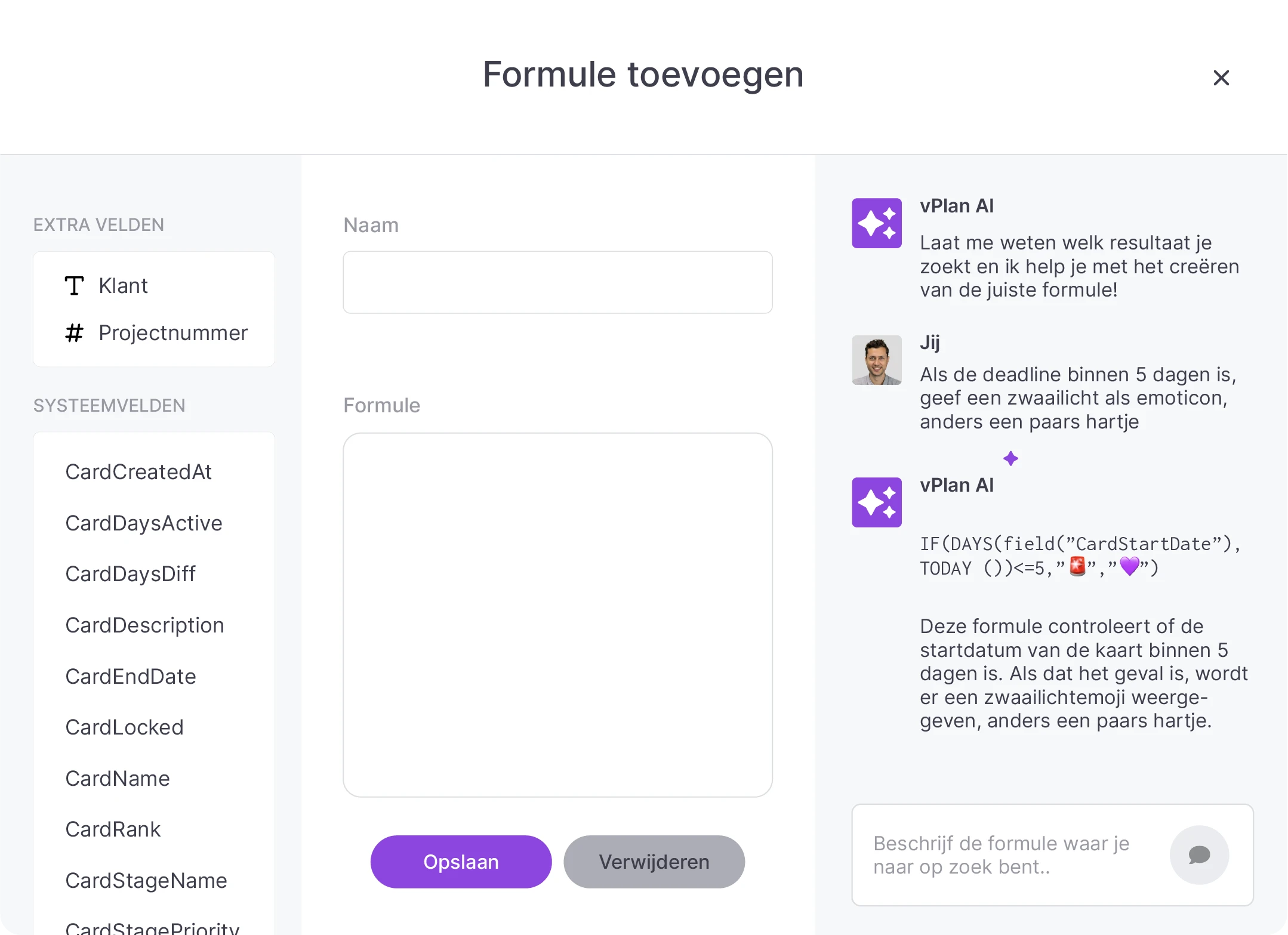 Formule toevoegen in vPlan met AI-hulp voor formules; systeemvelden zoals 'CardCreatedAt' en 'CardDaysActive'.