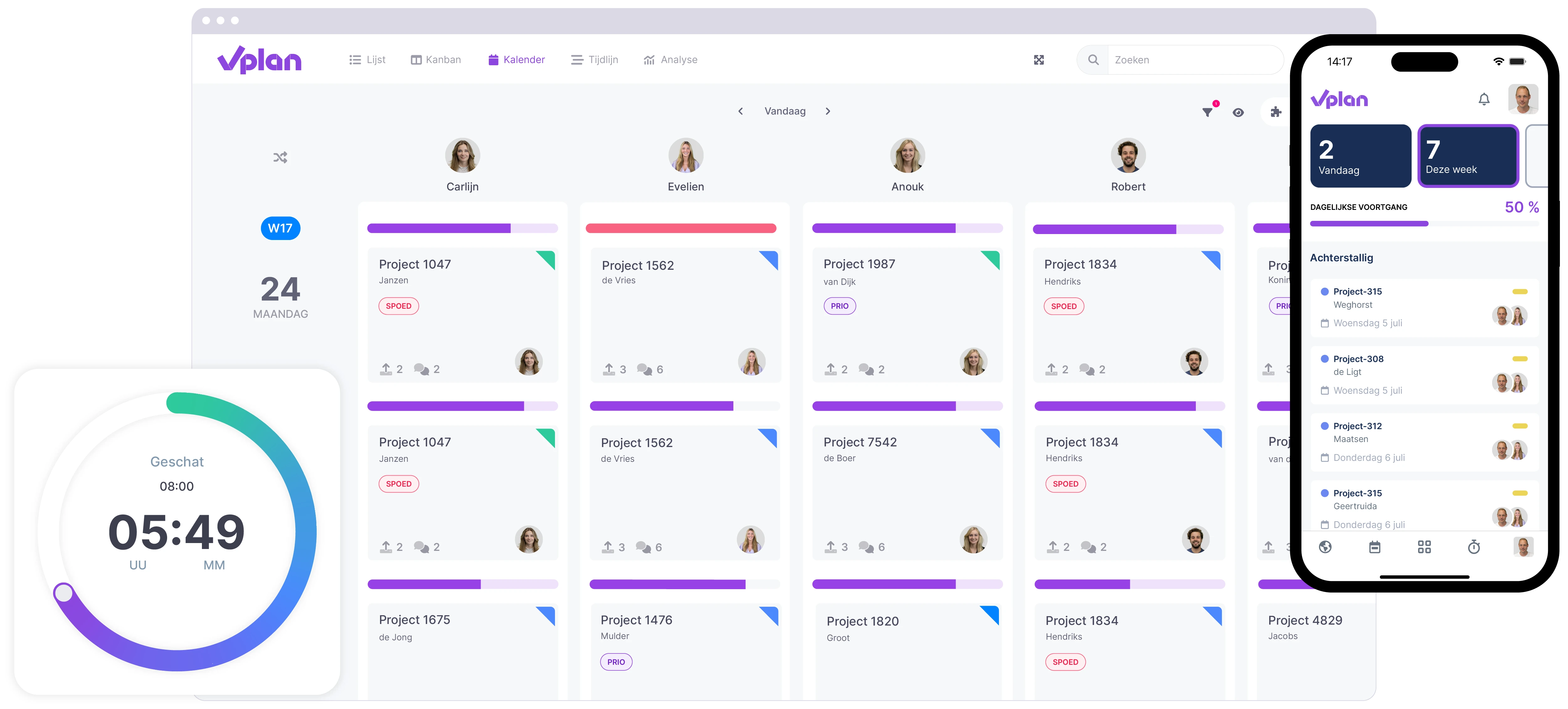 vPlan Uitvoer: Een kalenderweergave met een overzicht van projecten, inclusief het dashboard van de vPlan-app en handmatige tijdregistratie.