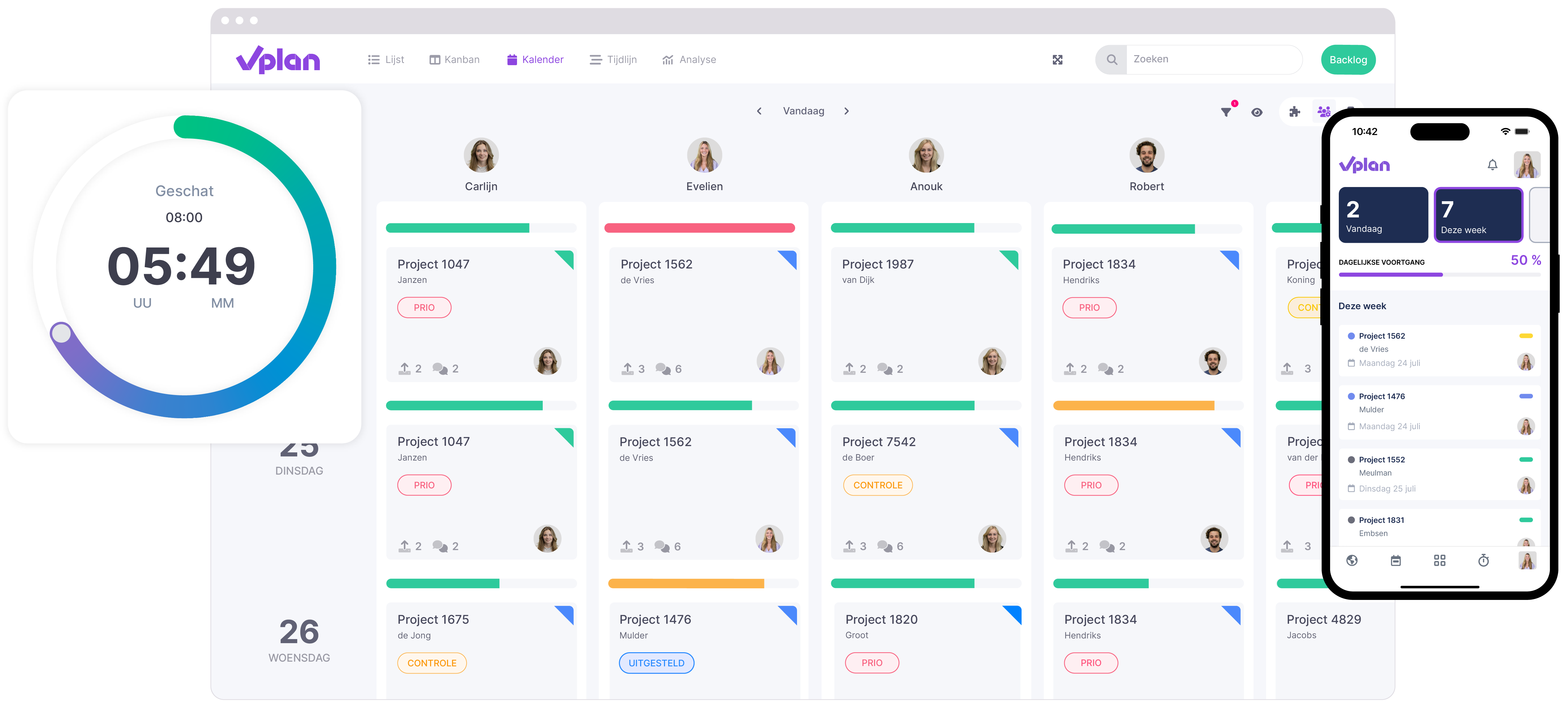 vPlan Uitvoer: Een kalender weergave met een overzicht van projecten. Daarbij het dashboard van de vPlan-app en de handmatige tijdsregistratie.