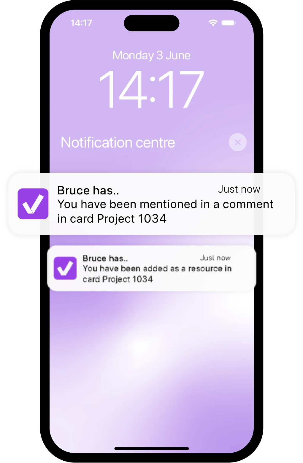 Mobile push notification from vPlan, notifying a team member of being mentioned in a comment and assigned as a resource in Project 1034.