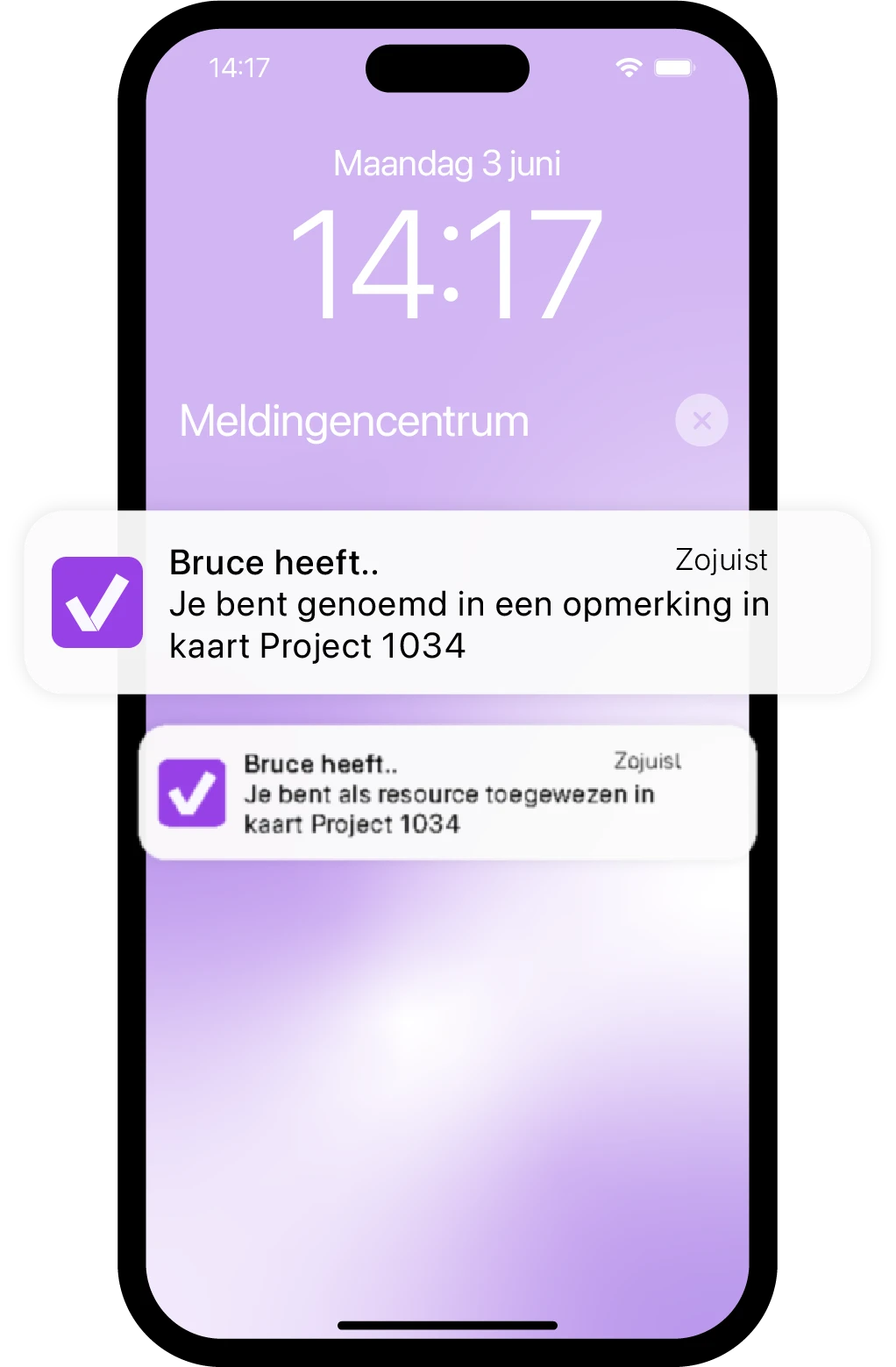 Pushnotificatie op mobiel van vPlan, waarin een teamlid wordt genoemd in een opmerking en toegewezen als resource in Project 1034.