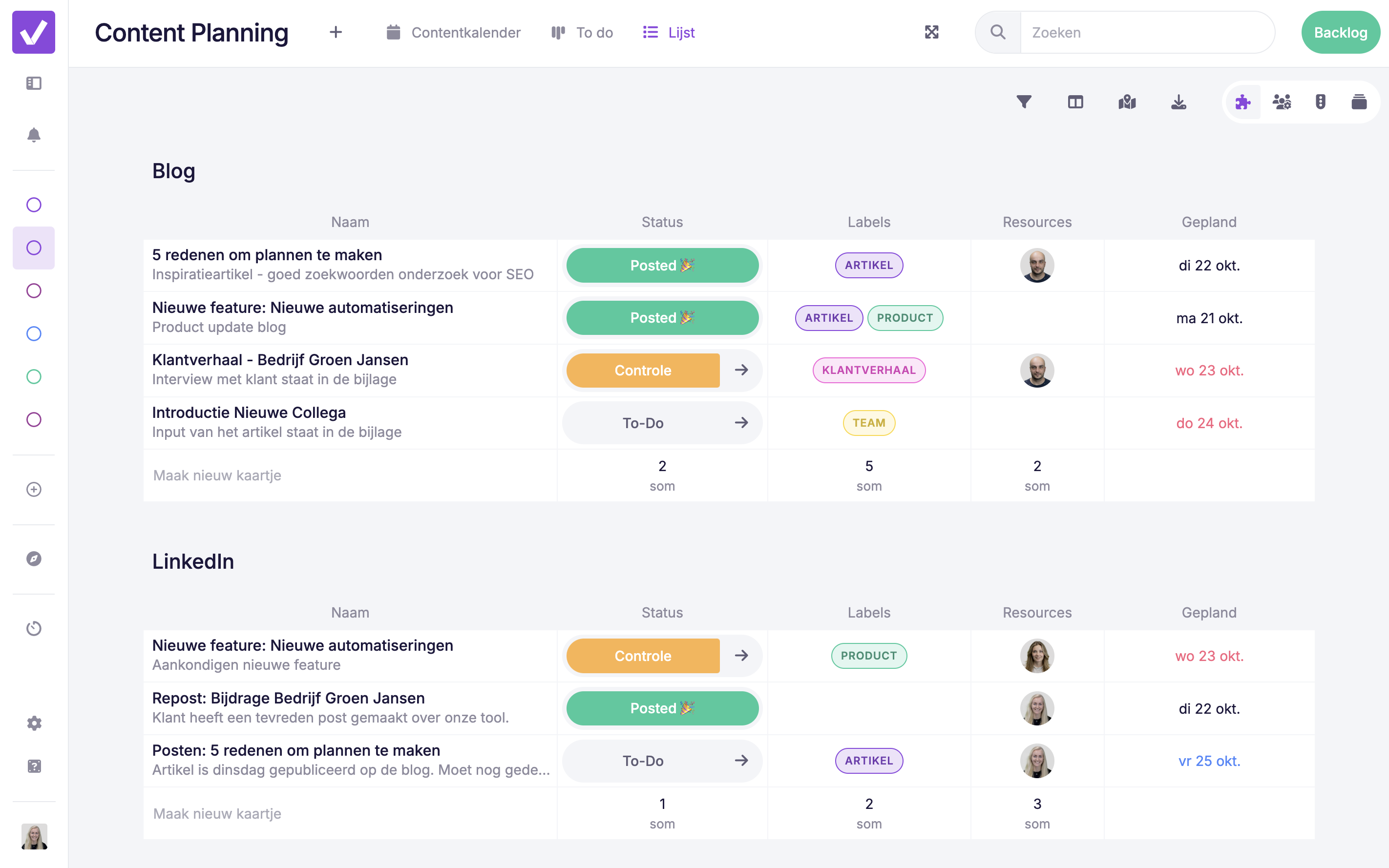 Contentplanning in De Lijst